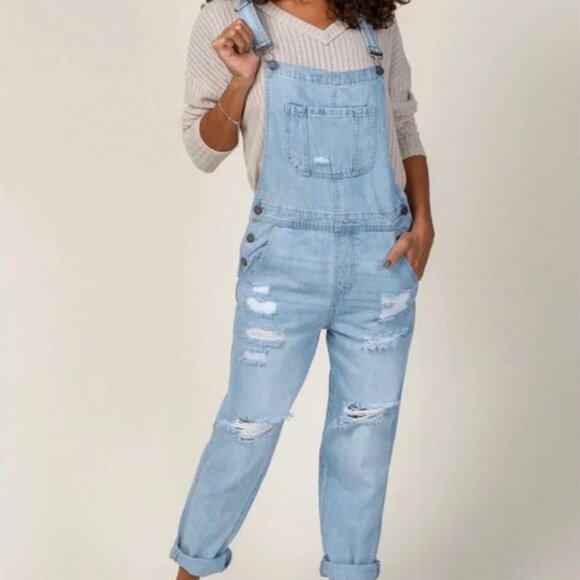 NWT Black Label light wash distressed women's overalls. Size S - Picture 3 of 15